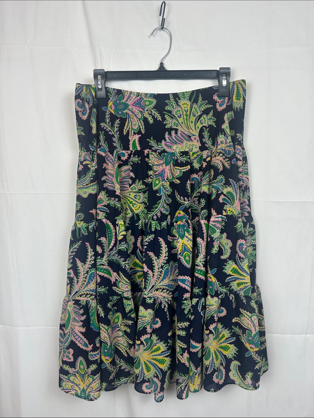 Chaps Blue Paisley Tiered Skater Skirt with Pink, Yellow and Green Motif